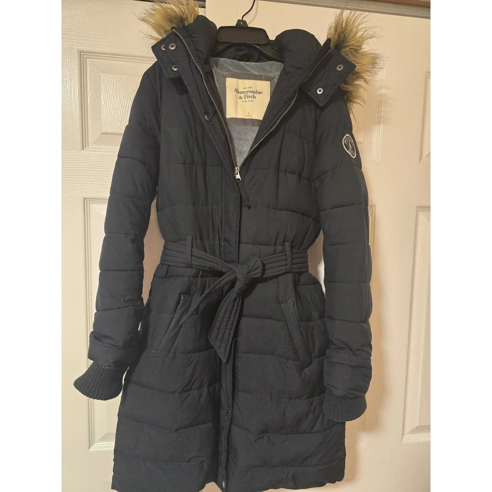 Abercrombie & Fitch Long Down Parka Puffer Coat Hood Fur coat W/belt Small Black